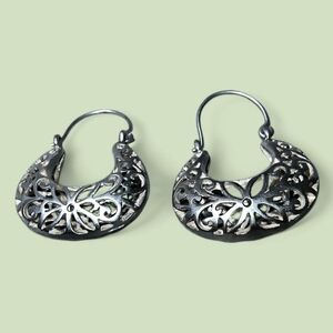 Sterling Silver Ornate Openwork Hoop Earrings
